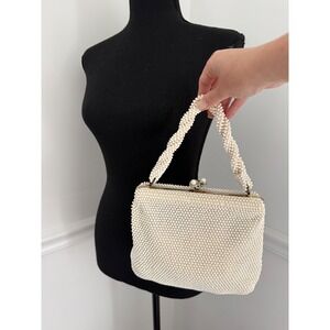 Vintage 1950s Corde-Bead Lumured White Beaded Handbag with Original Mirror MCM